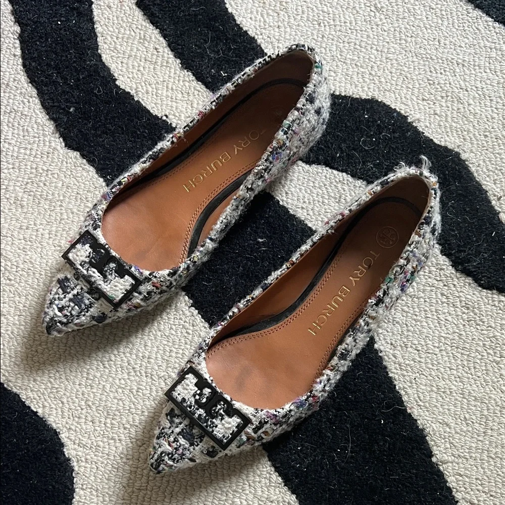 Tory Burch Women's Ivory Multicolor Tweed Pointy Toe Flats - Picture 6 of 12